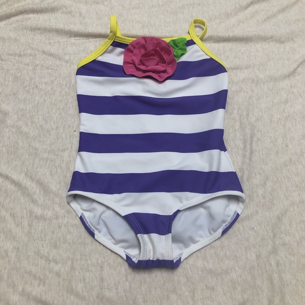 Hanna Andersson Girls Striped Swimsuit Size 90/3T Rose Flower Summer Vacation
